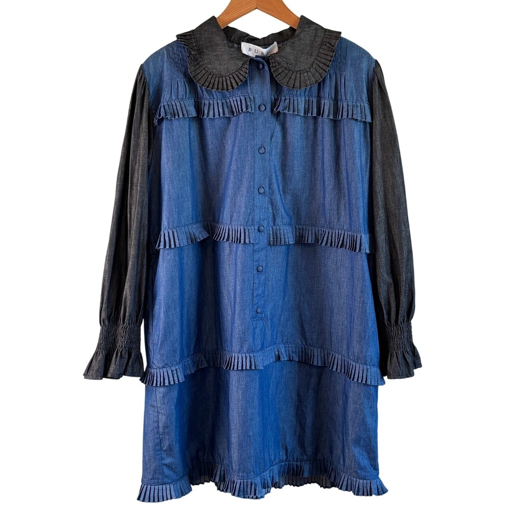 BUV Blue Denim-Style Mini Dress with Black Sleeves